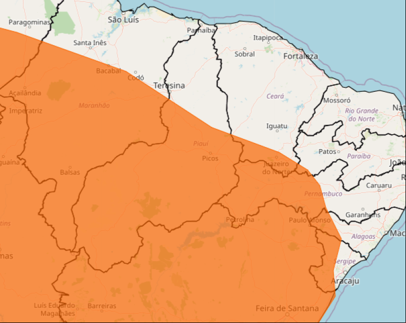 Alerta laranja, de perigo de temporal, abrange as regiões Sudeste, Centro-Norte e Sudoeste - (Reprodução/Inmet)